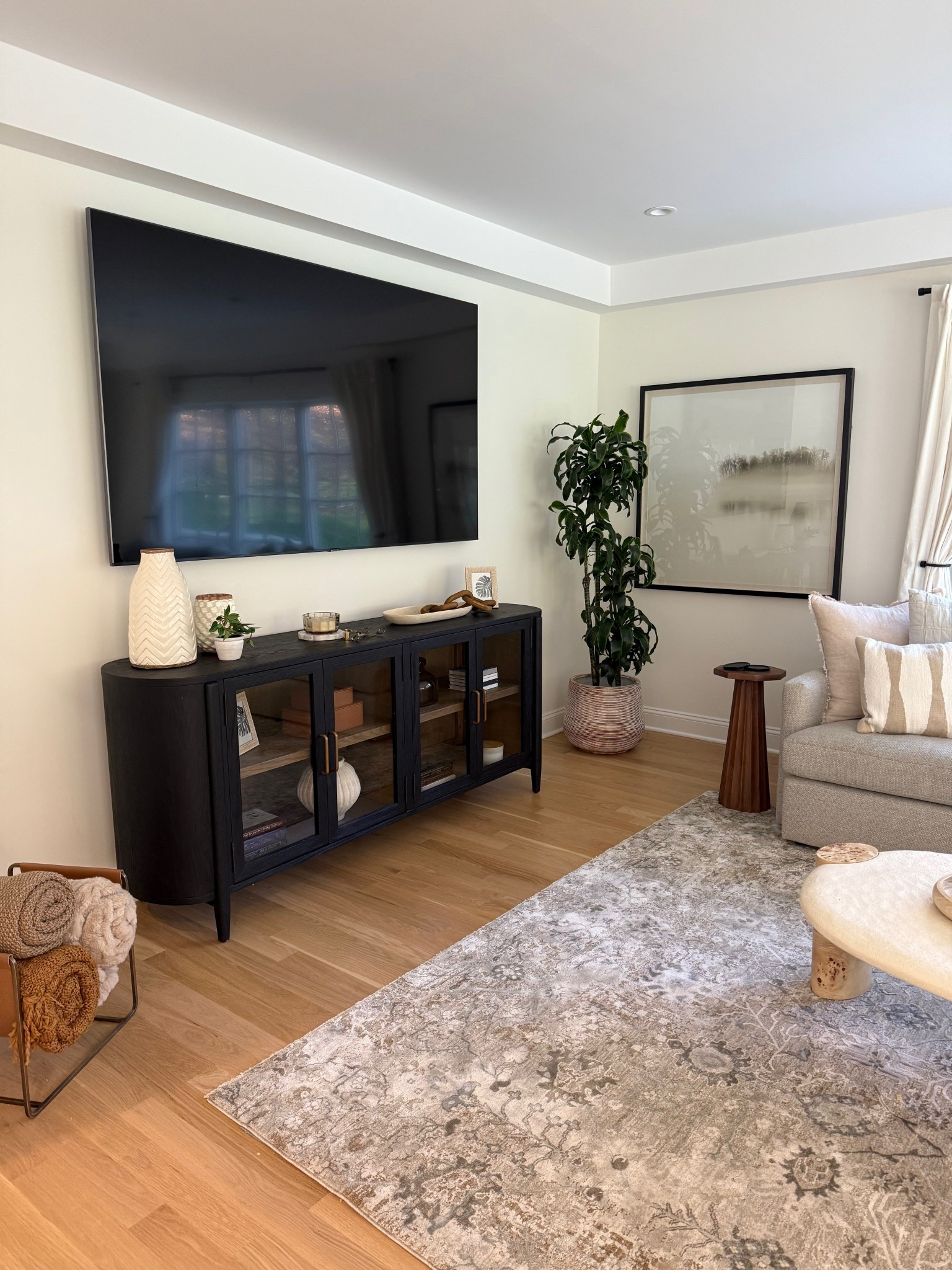 A close-up of the living room console reveals its striking black wood frame and elegant glass doors, offering a perfect balance of form and function. Thoughtfully styled with curated books, decorative objects, and natural accents, the console adds depth and personality to the space. Its clean lines and rich finish make it a sophisticated anchor in the room, blending modern style with timeless appeal.
