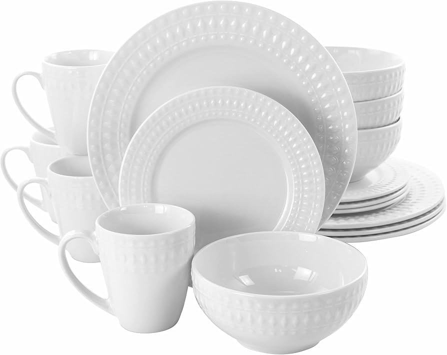 Elama Service for Four 16 Piece Porcelain Dinnerware Set, White-Round 2 | Amazon (US)