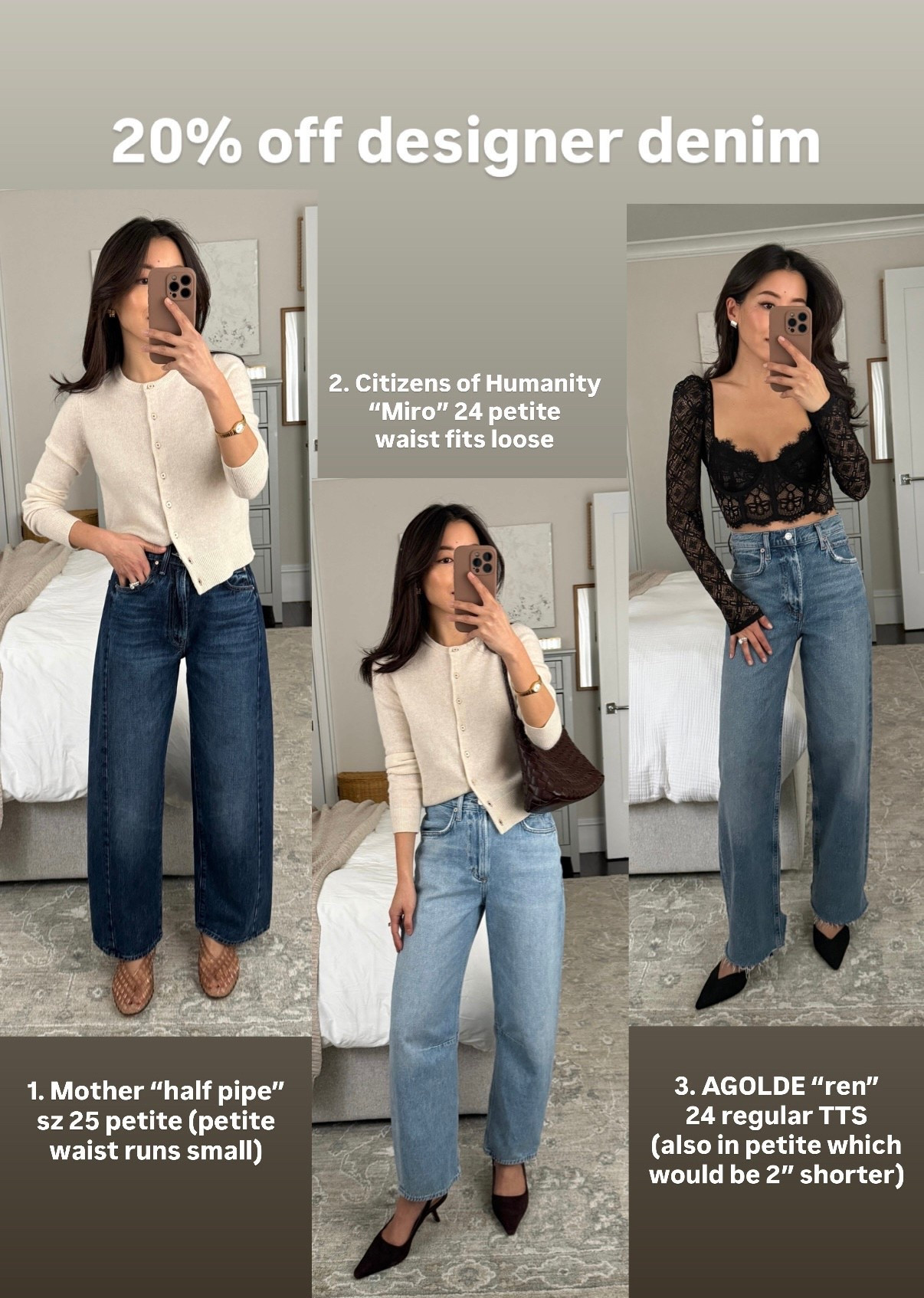 See my recent LtK for try on videos! Use JEAN20 for 20% off full priced order $100+, ends 3/9. 

Outfit 1: 
• Mother Half Pipe High-Rise Ankle Jeans 25 petite, sized up bc waist runs a little small, length is perfect if you're petite.  

• Juliet cashmere cardigan sweater xxs, thinner light weight. standard sizing is petite friendly, slim fit. 

• Dolce Vita flats in Mocha size 5, size down if you’re a half size. 

Outfit 2: 
• Citizens of Humanity Miro High-Rise Crop Jeans 24 petite, runs a little big at the waist, could potentially size down if you’re between sizes. 

• Woven shoulder bag with liner 

• Sam Edelman kitten heels 5.5 

Outfit 3: 
• Agolde Ren jeans 24 Regular. TTs with stretch . These are true high rise, wearing regular length with heels

• Lace bustier top XS - Length is cropped, material has stretch, cups are *not lined but just double layered so wear nippies if you want more coverage.

Petite friendly jeans, easy mom outfit, transitional spring outfit 

#LTKSaleAlert #LTKootd #LTKPetite
