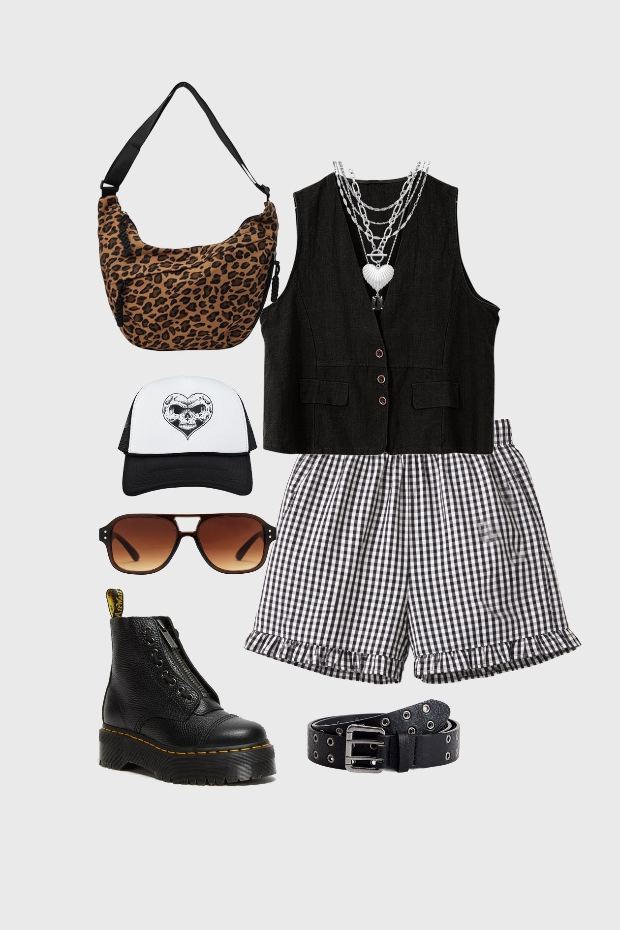 Festival outfit, leopard bag, gingham shorts, dr martens, aviators, belt, black waistcoat

#LTKuk #LTKsummer
