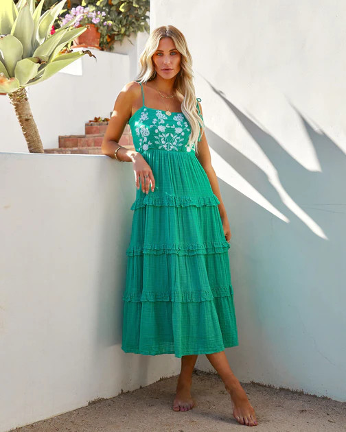 Parisa Embroidered Tiered Midi Dress - Green | VICI