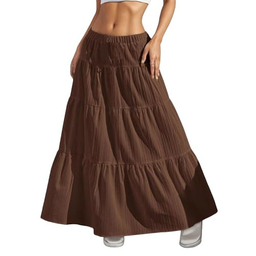 HOUZONIY Brown Womens Maxi Skirt Flowy Elastic Waist Tiered Pleated A Line Summer Boho Trendy Fashion Pull On Long Skirts | Amazon (US)