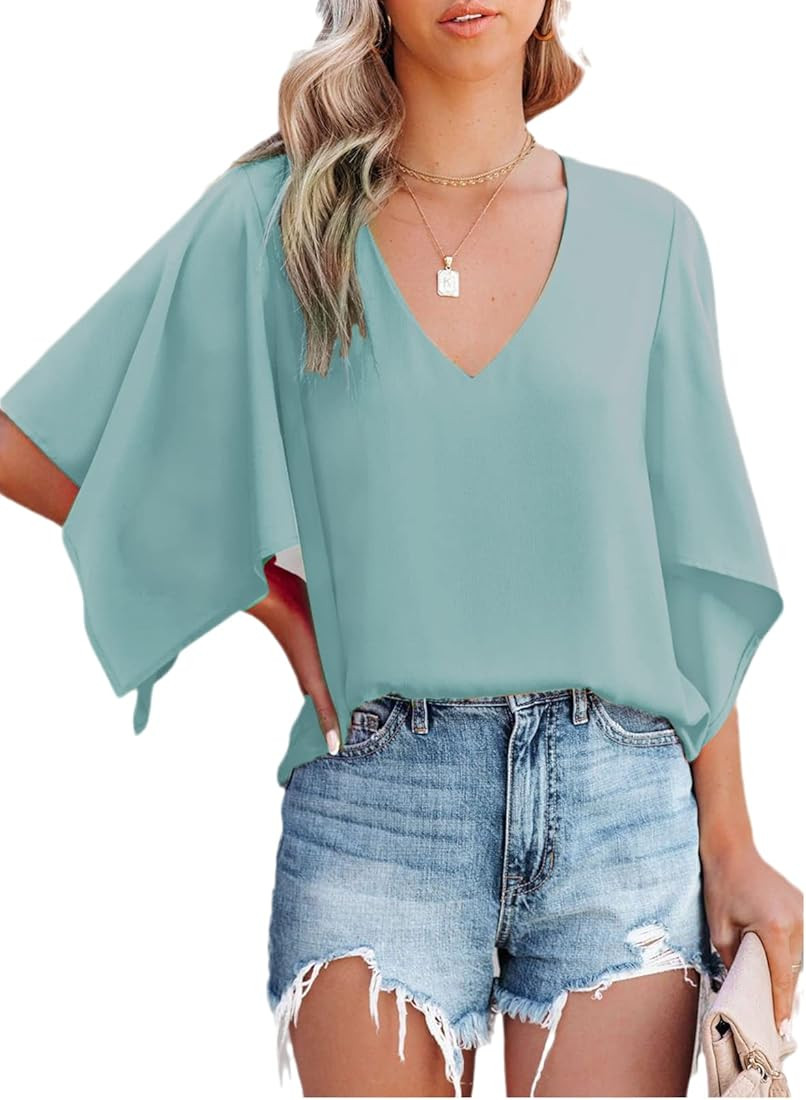 Samefar Womens Blouses and Tops Dressy V Neck 3/4 Flutter Sleeve Shirts Loose Flowy Chiffon Tops | Amazon (US)