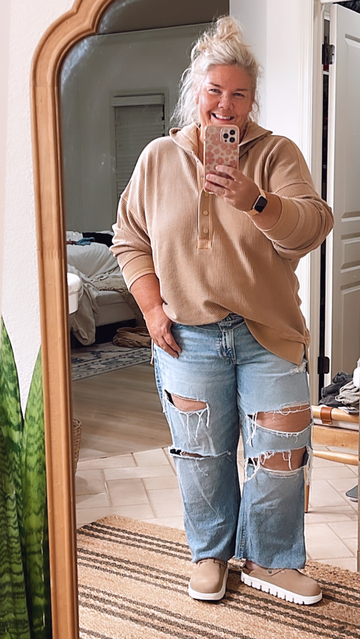 Late night try on after I decided to trim my fave AE jeans for that raw edge crop look!! Perfect for my new platform Boston Birks!!!! If you can’t find them try the regular Bostons. The oversized Henley is new from Aerie! Size down it’s pretty generous! Same for jeans I was suggested to size up and my usual 16 would have been fine! #aeriesale #aerie #ae #birkenstockboston #clogs #wideleg jeans #falloutfit

#LTKmidsize #LTKSale #LTKover40