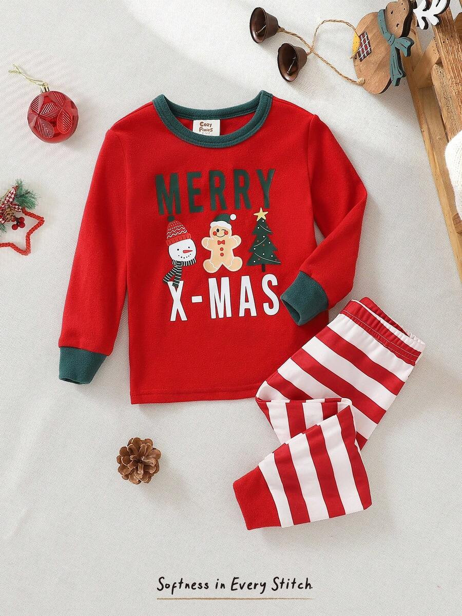 Cozy Pixies 2pcs Baby Boy Christmas Pattern Crew Neck Long Sleeve Pullover Top And Striped Elasti... | SHEIN