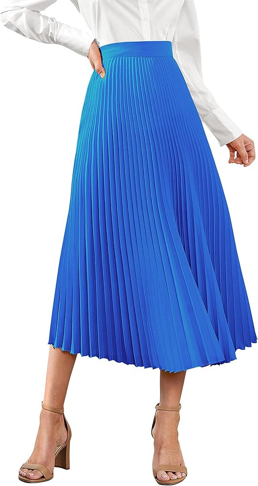 PRETTYGARDEN Women's Summer Satin Midi Skirt Casual High Waisted A Line Pleated Ruffle Flowy Maxi... | Amazon (US)