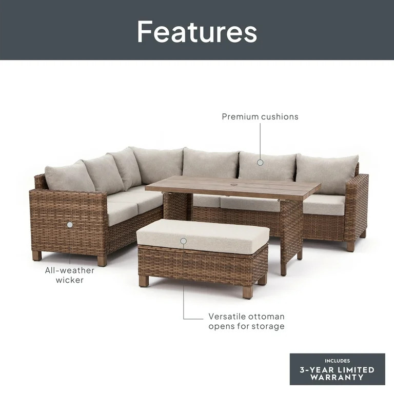 Better Homes & Gardens Brookbury 4pc Wicker Patio Sectional Dining Set, Brown Wicker, Beige Cushi... | Walmart (US)