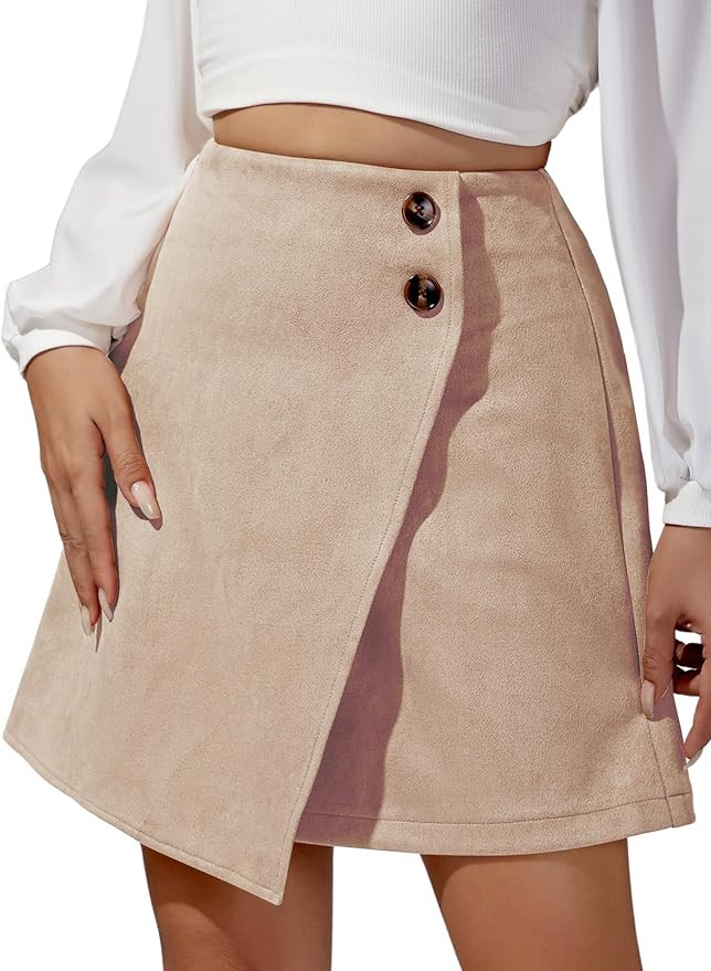 Ezcosplay Women High Waisted Faux Suede Mini Skirt Button Front Asymmetrical Hem A Line Short Ski... | Amazon (US)