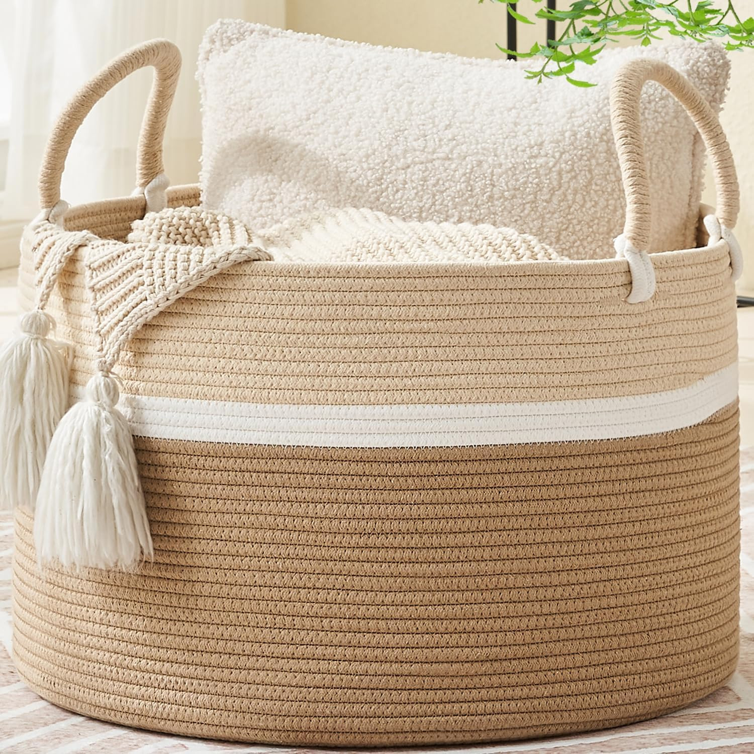 KAKAMAY Large Blanket Basket (20"x13"),Woven Baskets for storage Baby Laundry Hamper, Cotton Rope... | Amazon (US)