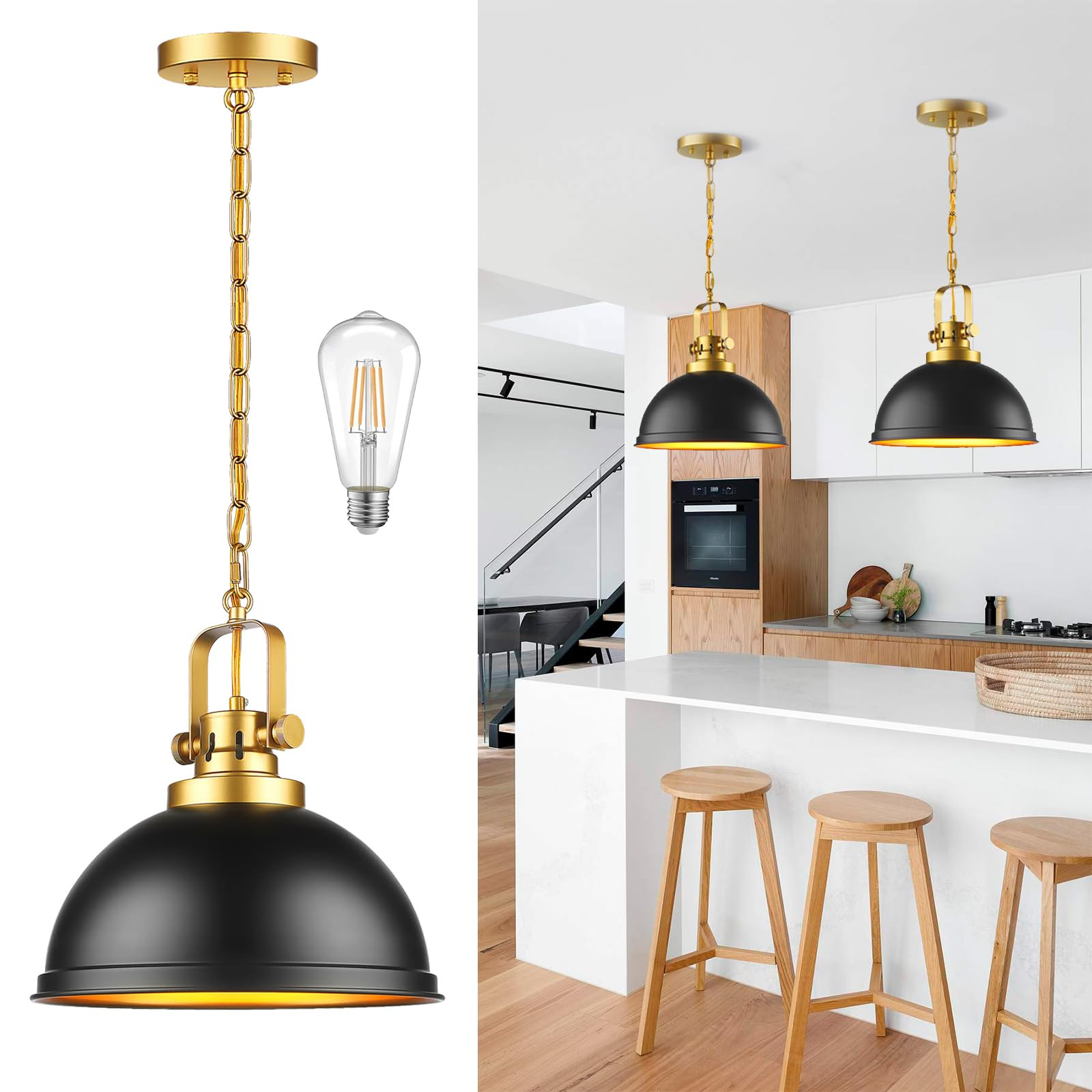 Farmhouse Black and Gold Pendant Lights Kitchen Island, Matte Black Dome Pendant Lighting Gold Vi... | Amazon (US)