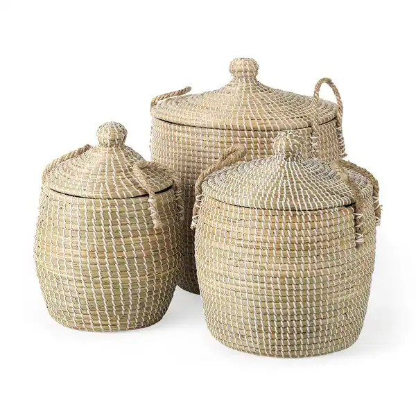 Olivia Beige Seagrass Baskets w/Lids (Set of 3) - Bed Bath & Beyond - 37534236 | Bed Bath & Beyond