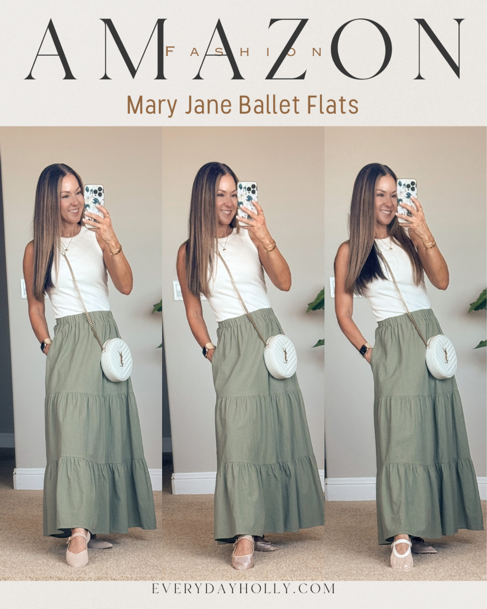 Trending shoes  - 3 Mary Jane Ballet flats from Amazon all run TTS, come in several colors and are comfy!  Paired with linen blend maxi skirt with pockets size small and high neck ribbed tank size small.  I linked a similar round crossbody purse. fall trends, everyday outfit, wine tasting, brunch, church, late summer early fall fashion

#LTKFindsUnder50 #LTKShoeCrush #LTKOver40