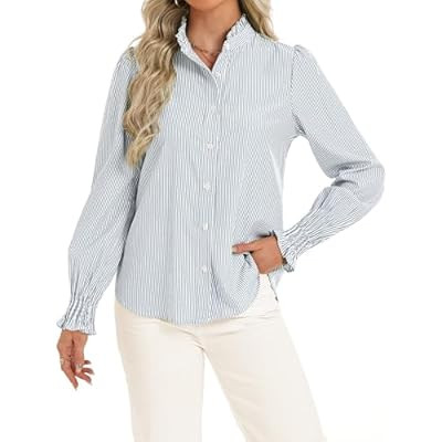 Funlingo Women's Striped Button Down Shirts Long Sleeve Smocked Cuffed Ruffle… | Amazon (US)