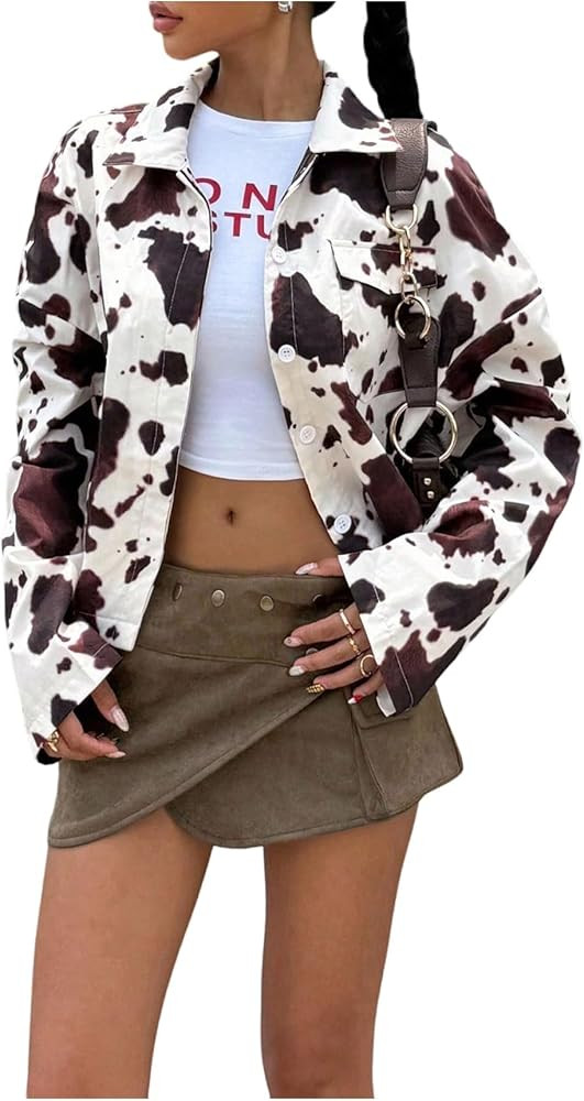 Floerns Women's Cow Print Jacket Long Sleeve Button Down Western Cowboy Coat Outerwear | Amazon (US)