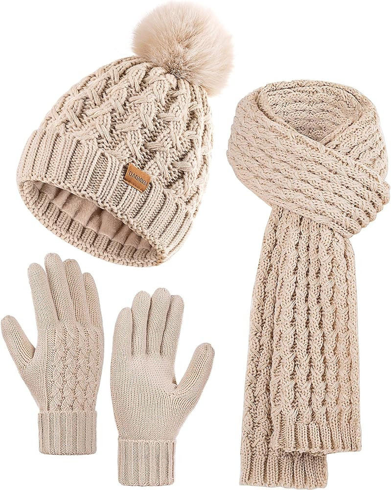 Women Winter Beanie Hat Scarf Gloves Set Pom Hat with Warm Fleece Lined Long Knit Scarf Touchscre... | Amazon (US)