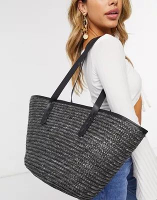 My Accessories London straw tote bag in black with contrast faux leather handle | ASOS (Global)