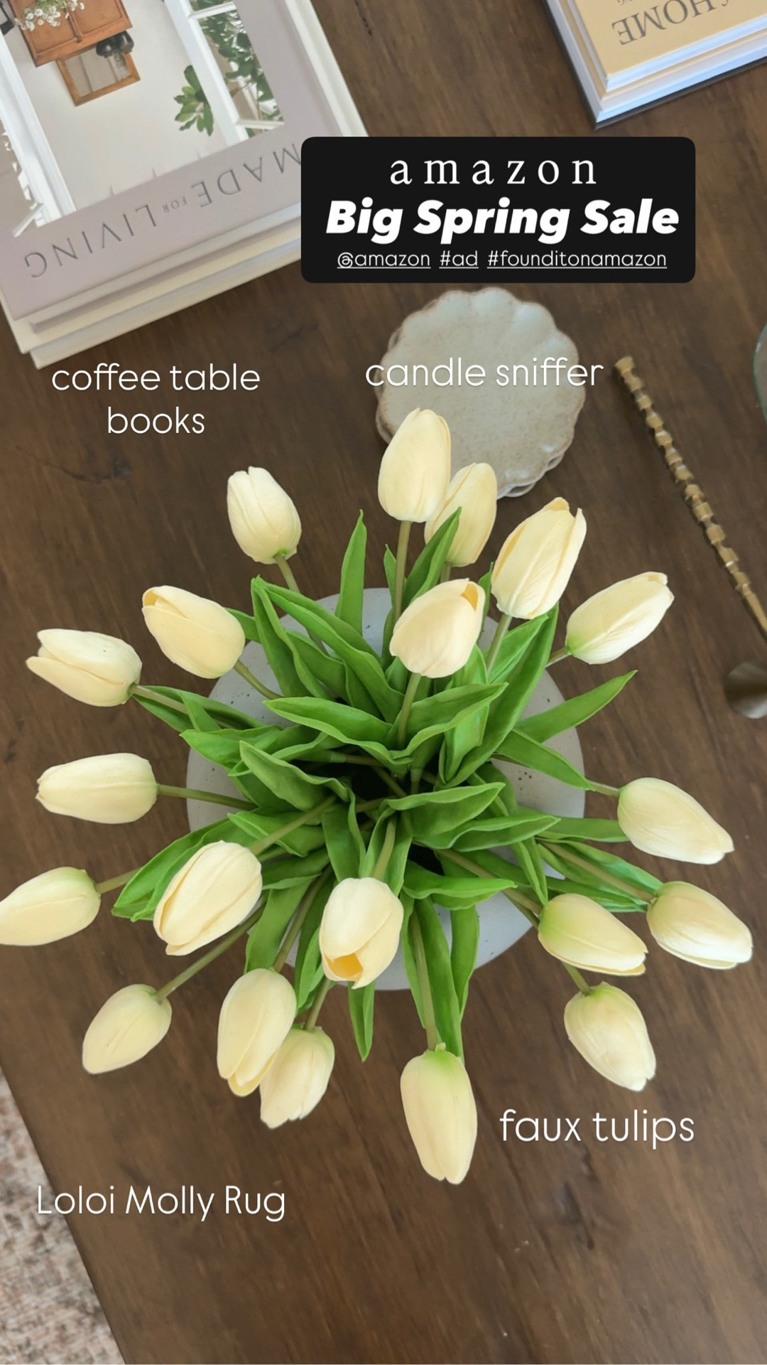 #ad #founditonamazon @amazon
Coffee table decor | faux tulips | spring decor | amazon big spring sale | Loloi Molly rug antique multi | candle snuffer | coffee table books 

#LTKHome #LTKSaleAlert #LTKmomlife