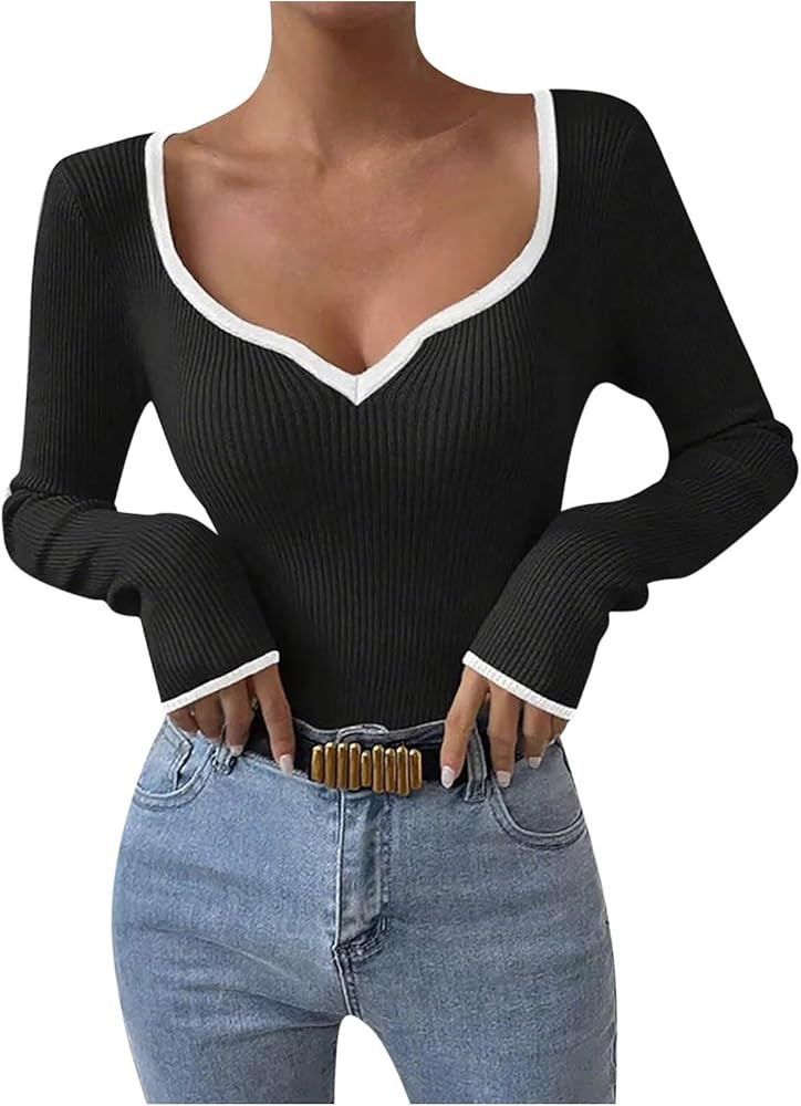 HGps8w Sexy Low Cut Sweaters for Women Slim Fitted Long Sleeve Pullover Knitted Color Block Trend... | Amazon (US)