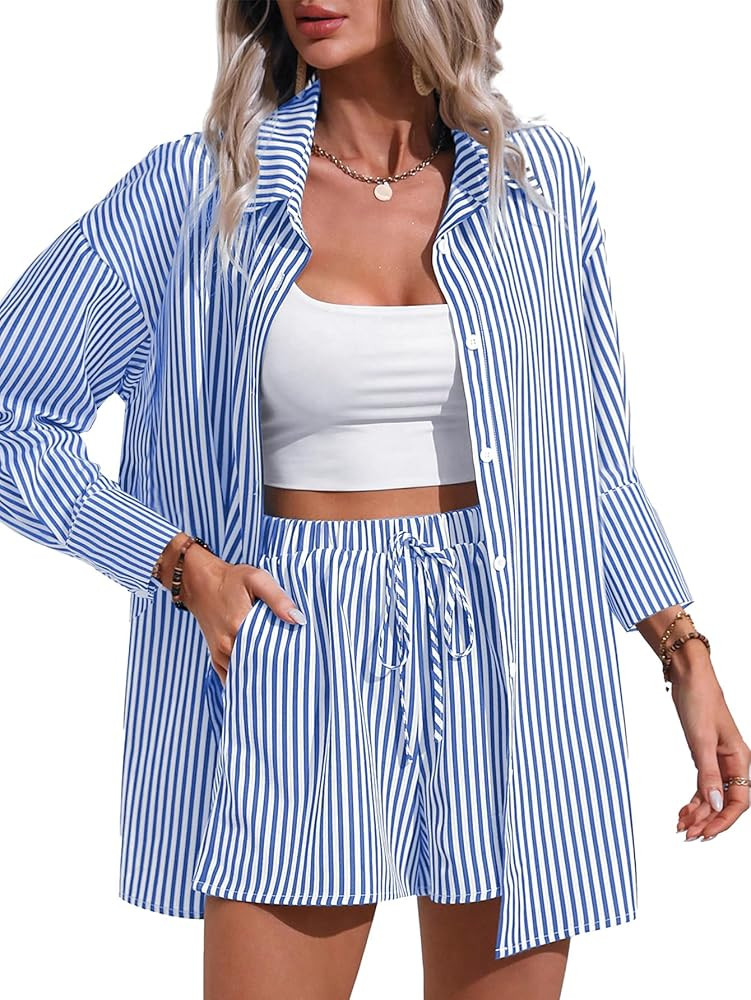 Women's 2 Piece Outfits Striped Button Down Long Sleeve Shirt and Drawstring Shorts Set | Amazon (US)