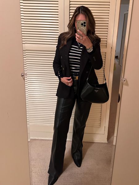 #OOTN on a rainy Wednesday ✨

THE LOOK:
 Pants: #FauxLeather from #Mango (one of my best sellers last year!)
Striped Sweater: #Zara (similar linked)
Belt: #Celine 
Blazer: #DerekLam
Bag: #Prada 
Jewelry: #Thatch

#LTKFashion #CaliforniaWinter #OutfitOfTheNight

#LTKover40 #LTKstyletip #LTKSeasonal