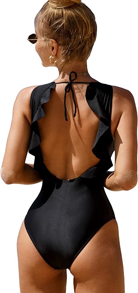 Floerns Women's Scoop Neck Monokini Ruffle Trim Tie Back Onepiece Swimsuit | Amazon (US)