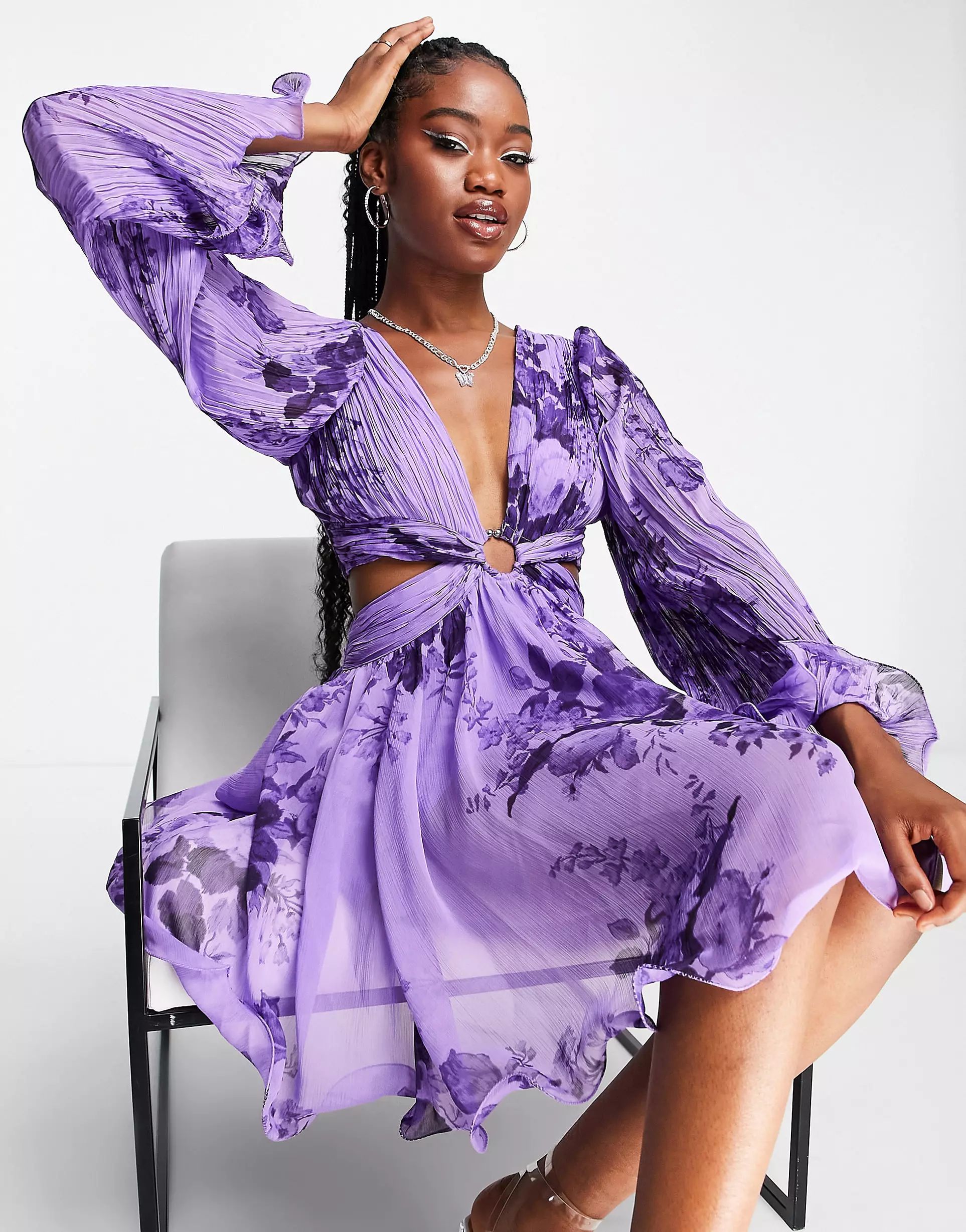 ASOS DESIGN pleat chiffon mini dress with cut out sides in purple with floral print | ASOS (Global)