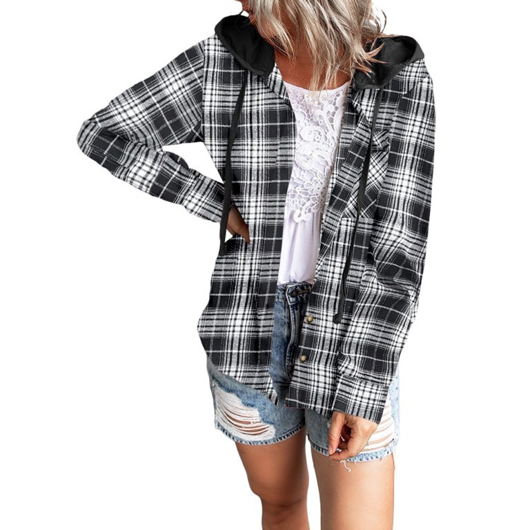 FARYSAYS Women's Plaid Shacket Jacket Hoodies Long Sleeve Button Down Shirts Tops Casual Flannel ... | Walmart (US)