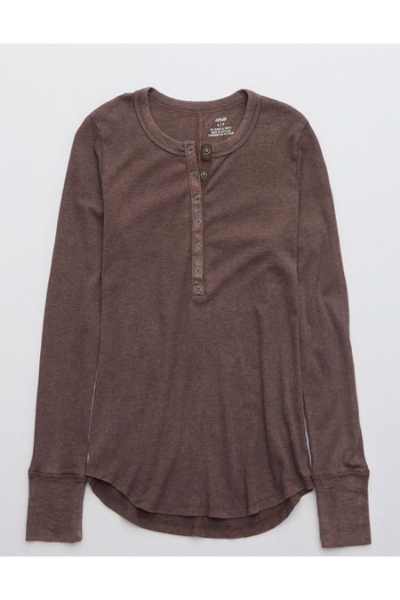 Aerie Ribbed Henley Long Sleeve T-Shirt Women's Relic L | American Eagle Outfitters (US & CA)