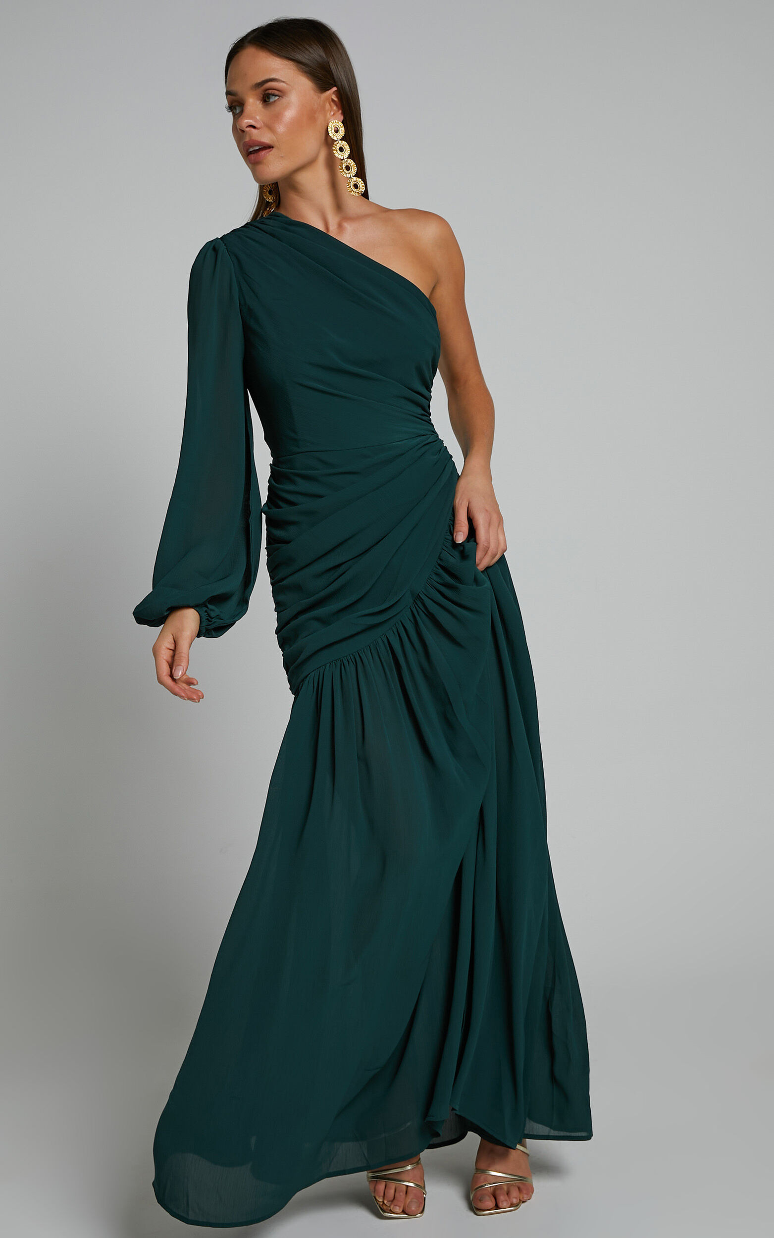 Grittah Midaxi Dress - One Shoulder Bishop Sleeve High Split Ruched Dress in Emerald | Showpo (ANZ)