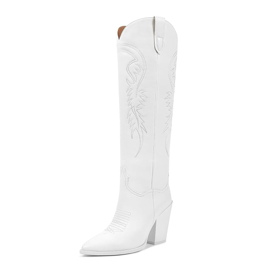 ISNOM Women's Cowgirl Boots Pull On Knee High Boots, Cowboy Western Embroidered Chunky Block Heel... | Amazon (US)