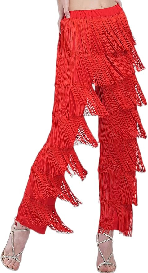 ZBH1985 Women's Latin Dance Pants Tassel Ballroom Dance Professional Black Adult Fringe Rumba Tan... | Amazon (US)