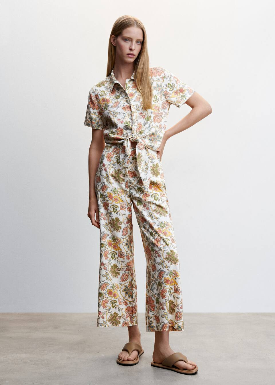 Floral linen-blend shirt -  Women | Mango USA | MANGO (US)