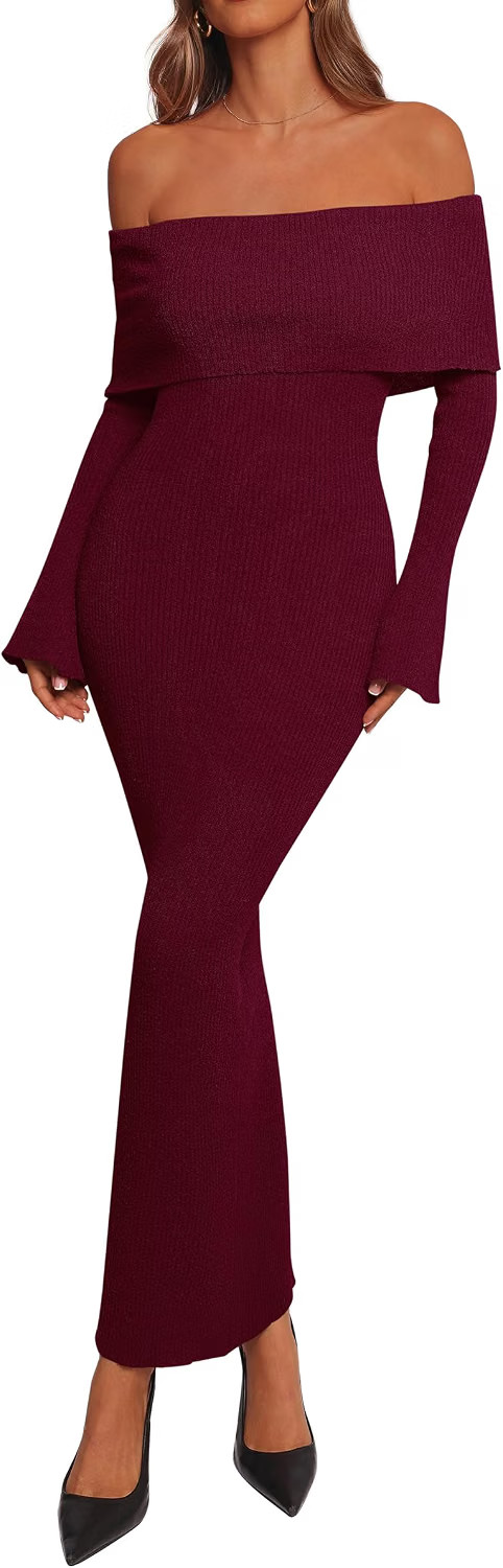 dowerme Women Off The Shoulder Bodycon Maxi Sweater Dress | Amazon (US)