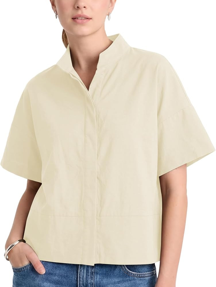 Ainangua Women Casual Button Down Shirts Oversized Short Sleeve Stand Collar Tops Trendy Work Blo... | Amazon (US)