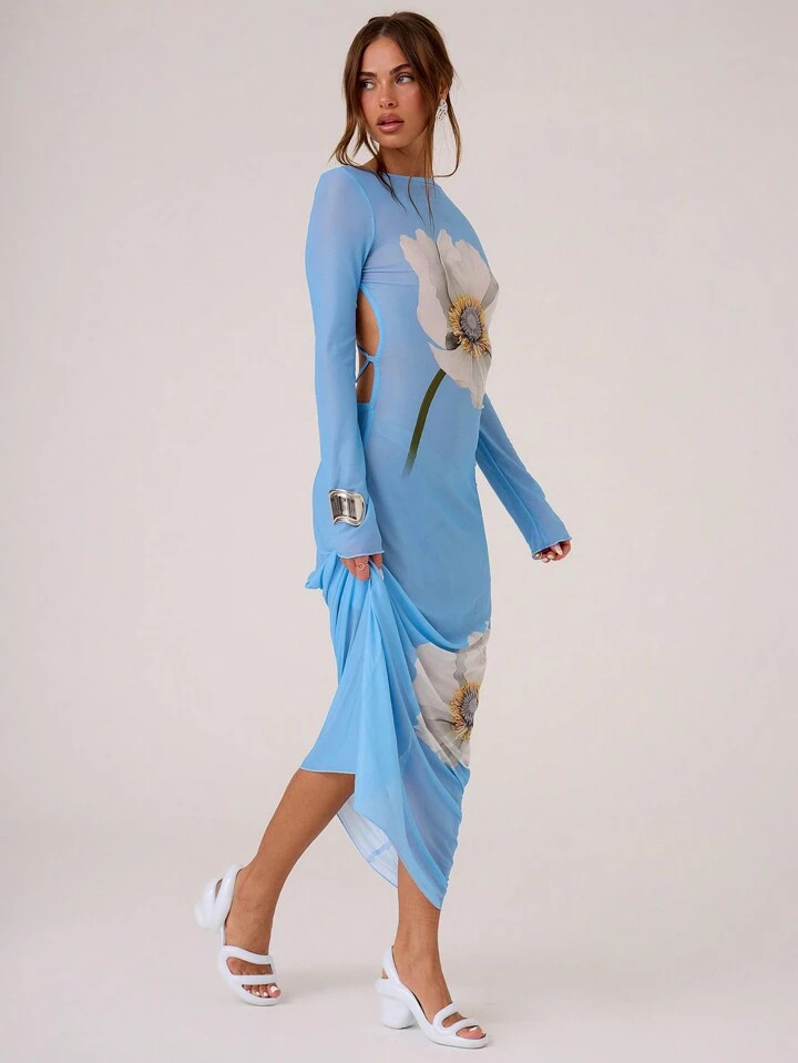 MUSERA Mesh Floral Printed Backless Maxi Dress Vacation Summer Pastel Wedding Guest Sheer | SHEIN