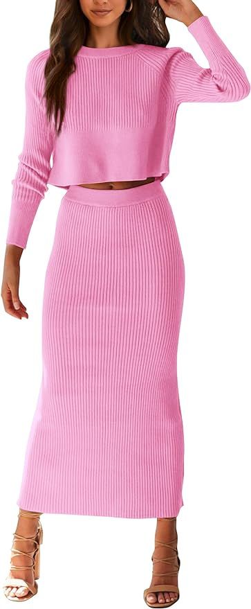 PRETTYGARDEN Women's Winter 2 Piece Sweater Set Rib Knit Long Sleeve Crop Top Maxi Bodycon Skirt ... | Amazon (US)