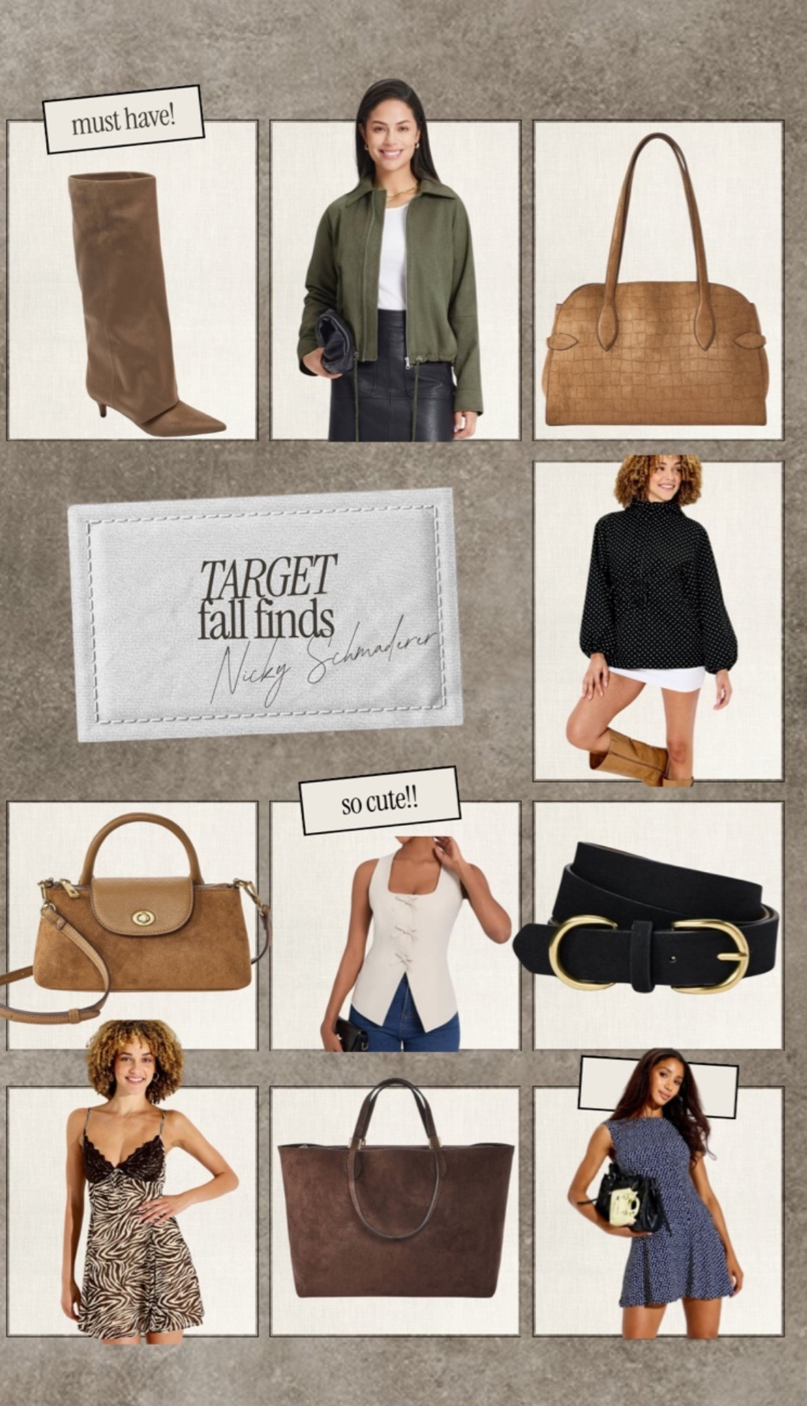 @Target fall finds 
Suede bag 
Fall boots 
Fall tops

#LTKSeasonal #LTKootd #LTKWorkwear