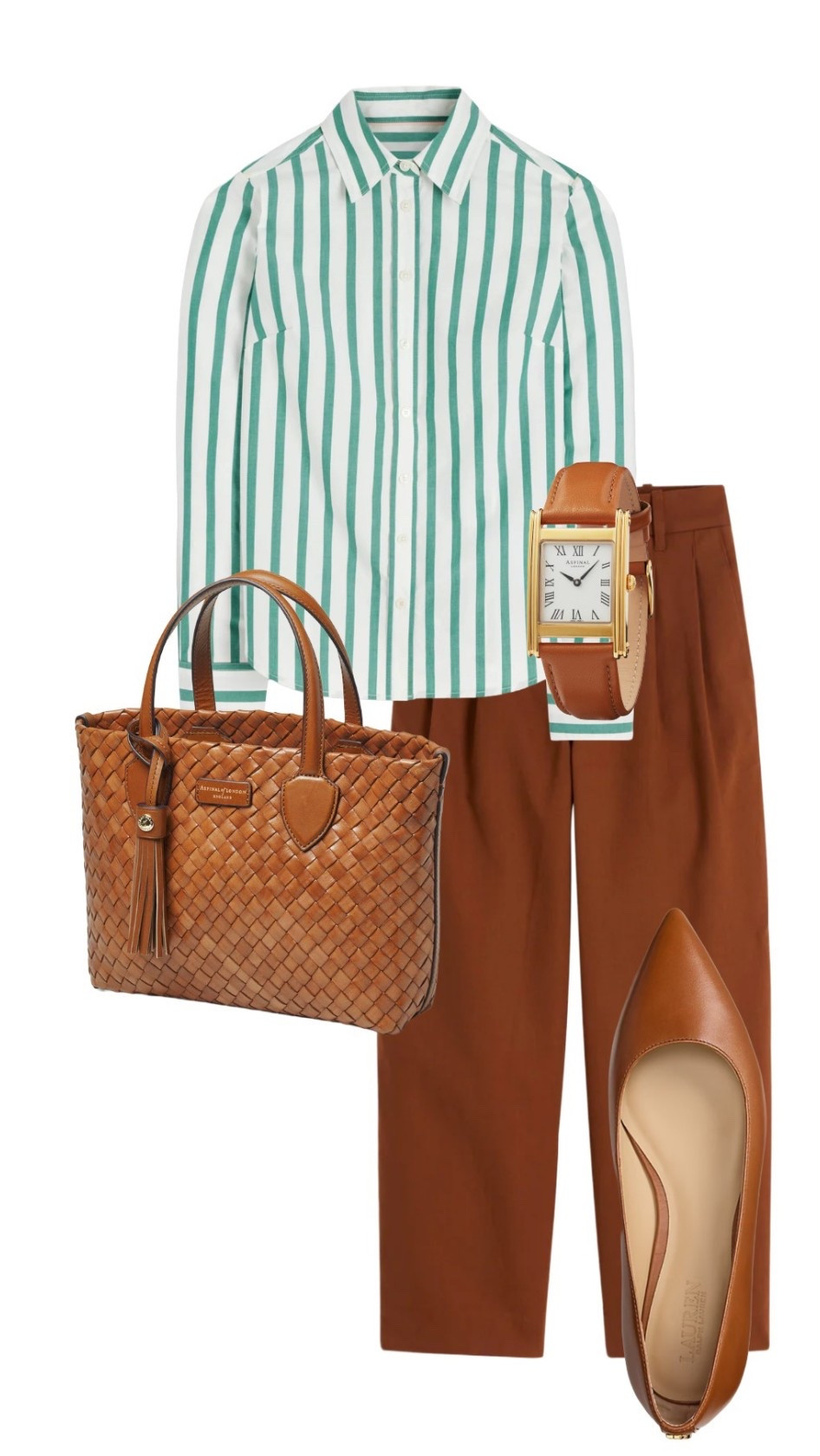 A look that will take you from February into the end of Summer, this SS26 Sienna green stripe shirt by Boden is the perfect partner to their new Kensington cotton trousers in russet (just ordered both using the 15% discount code listed on home page) and a host of designer accessories including the Londyn pointed flat shoes in tan by Ralph Lauren, along with the Small Island Tote Bag in Tan and the Mayfair Watch in Smooth Caramel by Aspinal of London. I’ve also added other styles to the product list so you have plenty of options 👜 🌿

#LTKeurope #LTKspring #LTKluxury