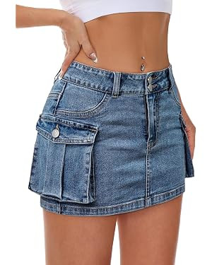 Women Denim Cargo Skirt Mini Low Waist Button Bodycon Y2K Flap Pockets Skirts | Amazon (US)
