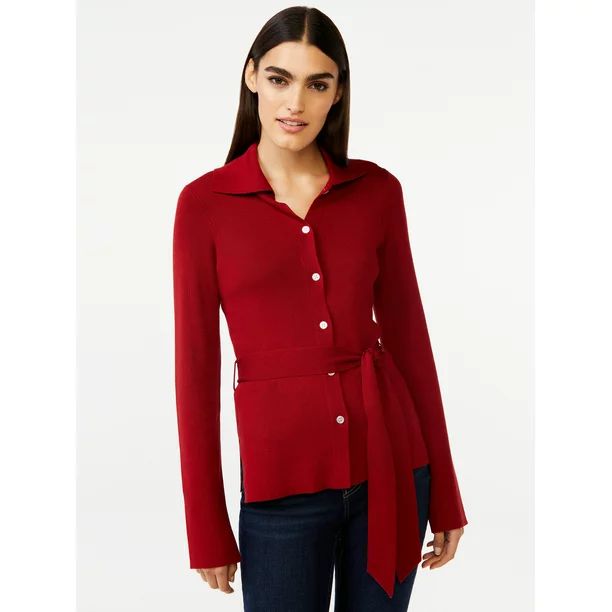 Free Assembly Women’s Belted Collared Cardigan Sweater - Walmart.com | Walmart (US)