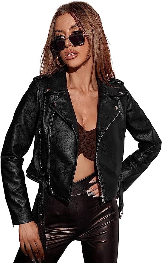 SheIn Women's Faux Leather Moto Jacket Zip-Up Coat Lapel Neck Short Outwear Tops | Amazon (US)