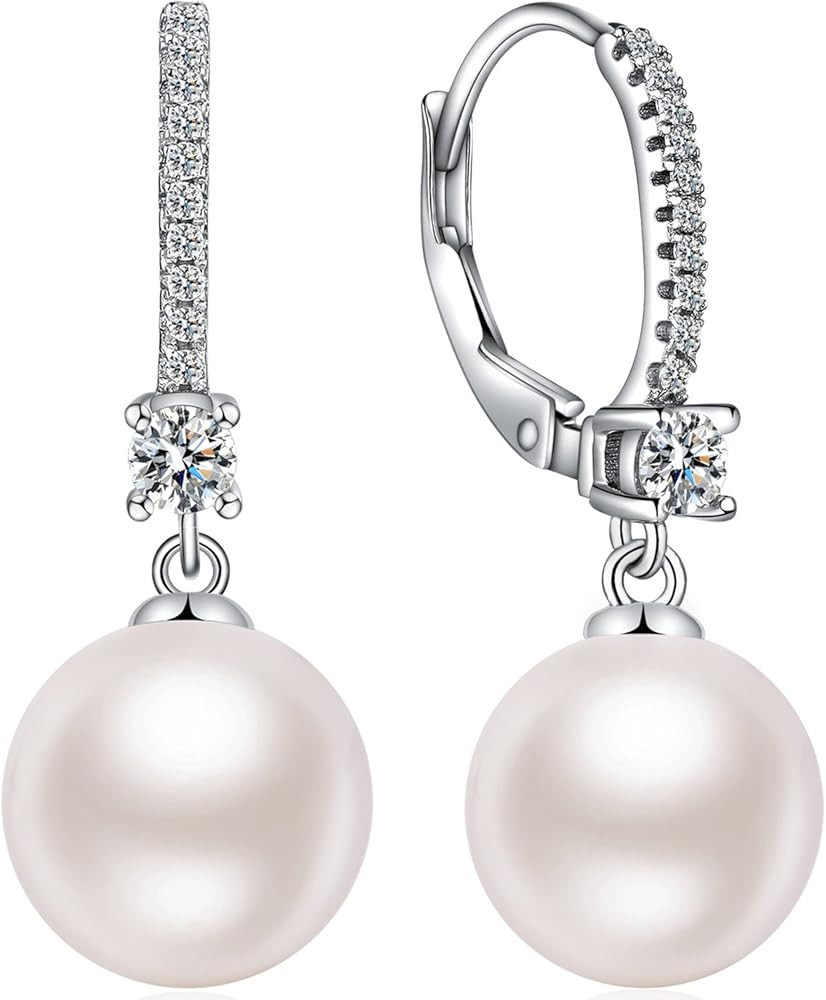 ZowBinBin Pearl Earrings 18k White Gold Plated 925 Sterling Silver Pearl Earrings Hypoallergenic Pea | Amazon (US)