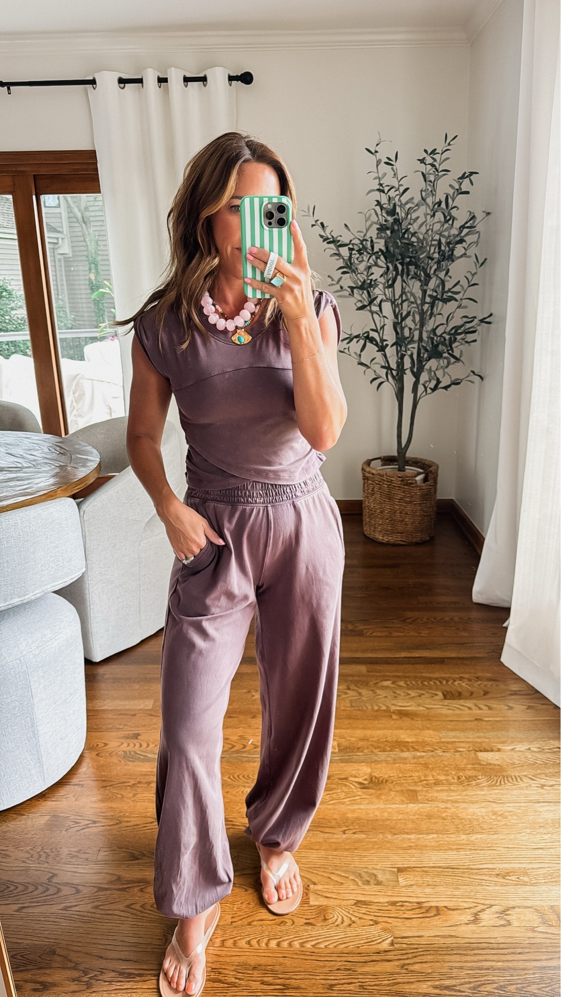 A casual matching set today. 
XS in brown here. 
Variety of colors. I have navy as well. 
Shell necklace / 20% code: twopeas20

#LTKootd #LTKmomlife #LTKOver40