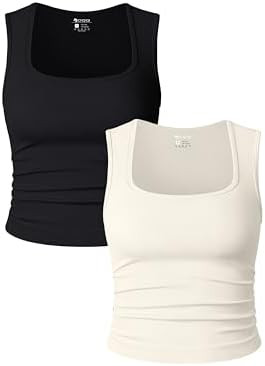 OQQ Womens 2 Piece Crop Tops Rueched Sleeveless Square Neck Stretch Basic Tank Shirts | Amazon (US)