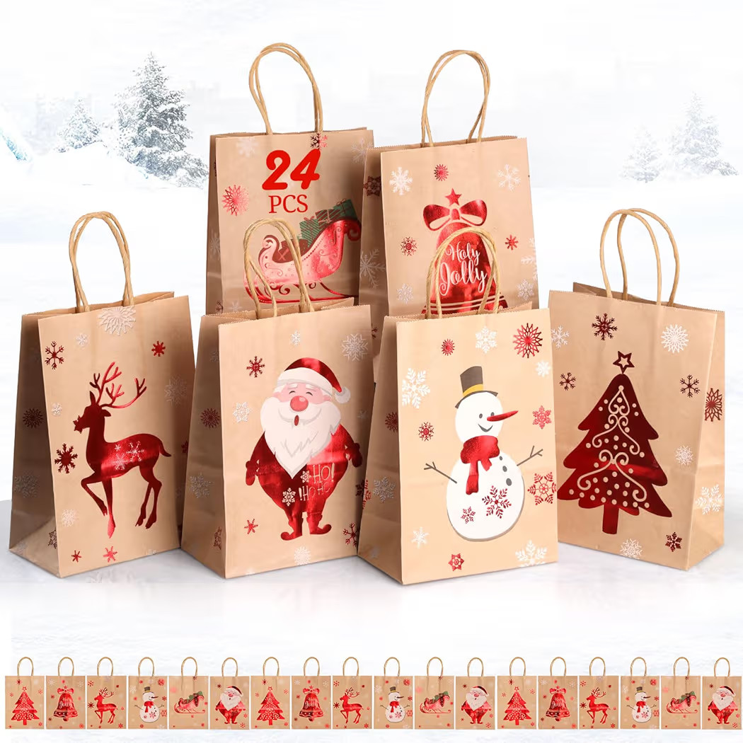 GeeRic 24 Pcs Christmas Kraft Gift Bags, Xmas Paper Bags Bulk with handles Party Bags Christmas Candy Treat Bags Gift Bags for Xmas Gift Wrapping Christmas Party | Amazon (CA)