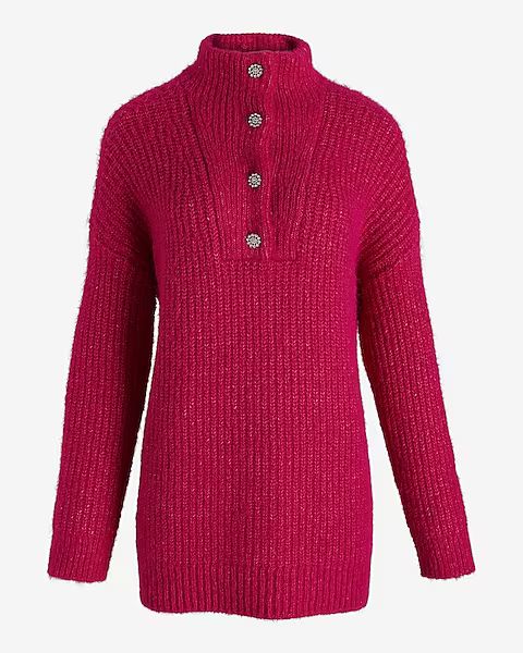 London Fuzzy Knit Embellished Quarter Snap Oversized Sweater | Express