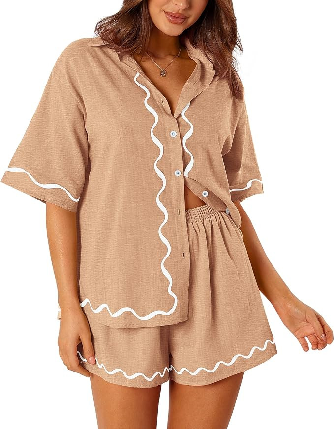 PRETTYGARDEN Women's Casual 2 Piece Outfits Summer Button Down Shirts Tops and Lounge Shorts Paja... | Amazon (US)