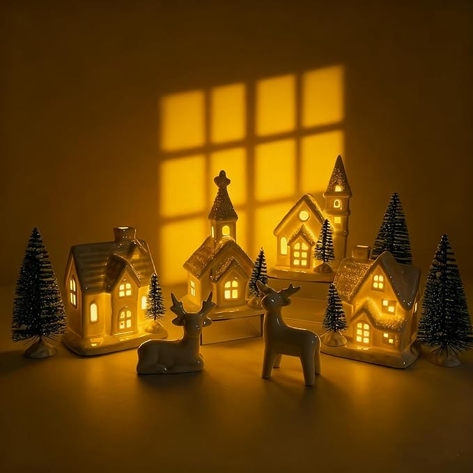 Christmas Village Sets- 13 Pieces Indoor Christmas Decorations, White Ceramic Village Houses Set ... | Amazon (US)