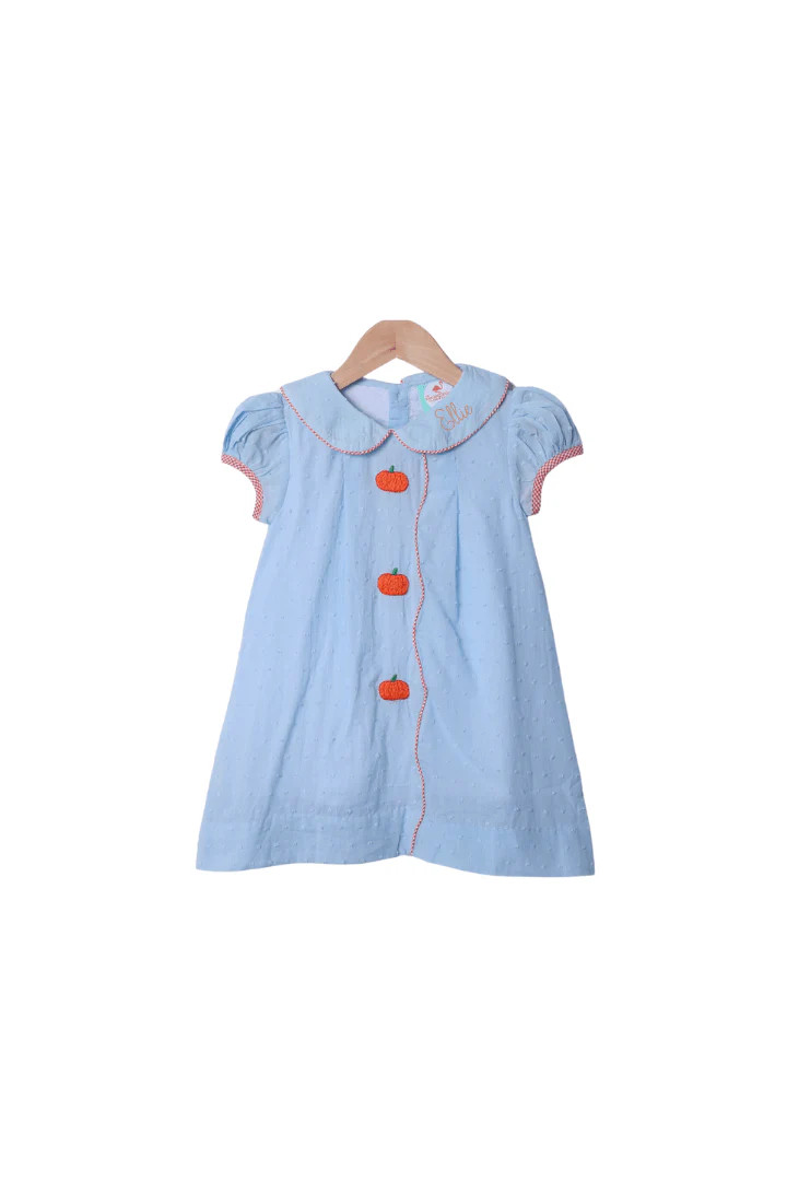 Hand Embroidered Blue Swiss Dot Pumpkin Dress | The Smocked Flamingo