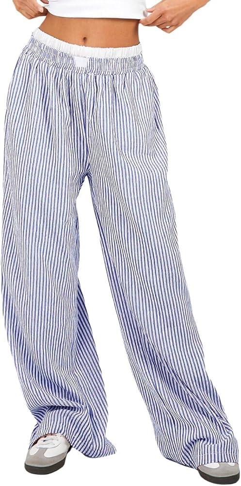Women Pajama Pants Striped Wide Leg Elastic Waist Lounge Pj Bottoms Sleepwear | Amazon (US)